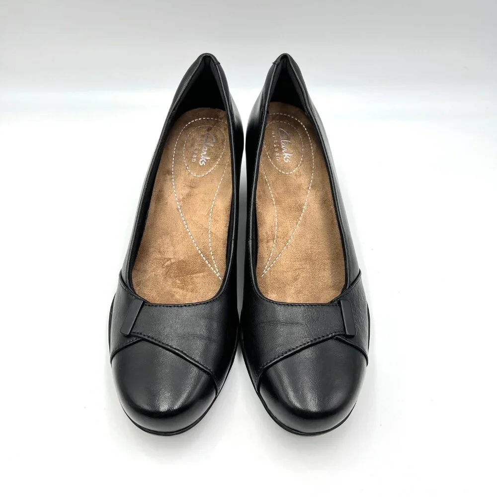 8N 8 NARROW‎ WIDTH Clarks Womens Rosalyn Belle Black Leather Pumps Heels Shoes